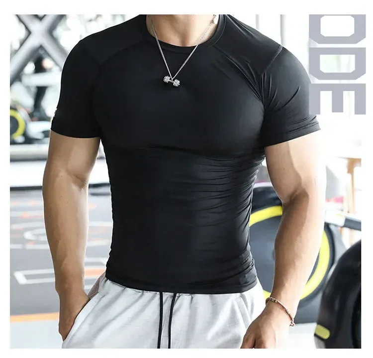 black compression gym t-shirt worn as a training top
