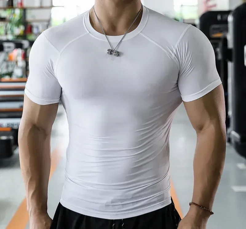 white compression gym t-shirt worn in the gym