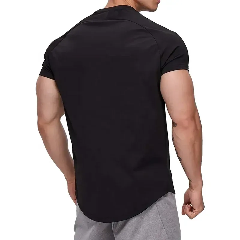 athletic fit gym t-shirt back view with the longer curved hem