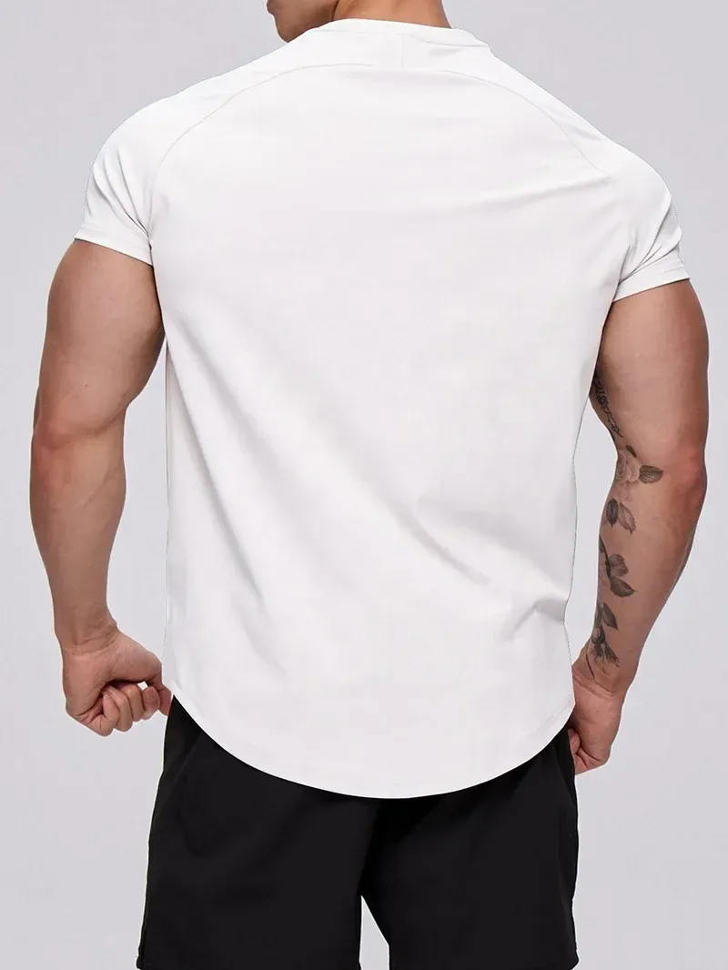 white athletic fit gym t-shirt fitting across the upper back