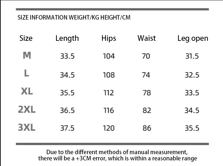 quick dry running shorts size chart with length, hip, waist and leg opening in cm