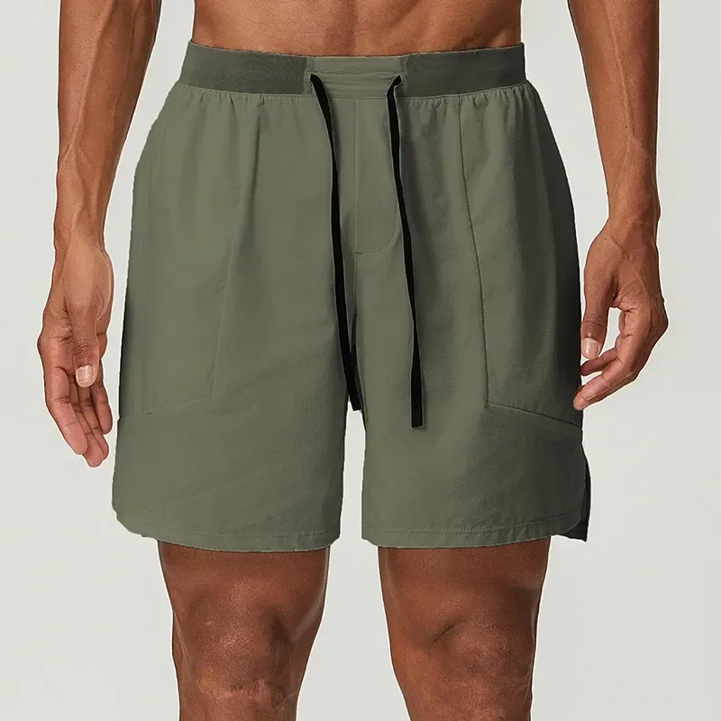 wide elastic waistband and drawstring on olive grey training shorts