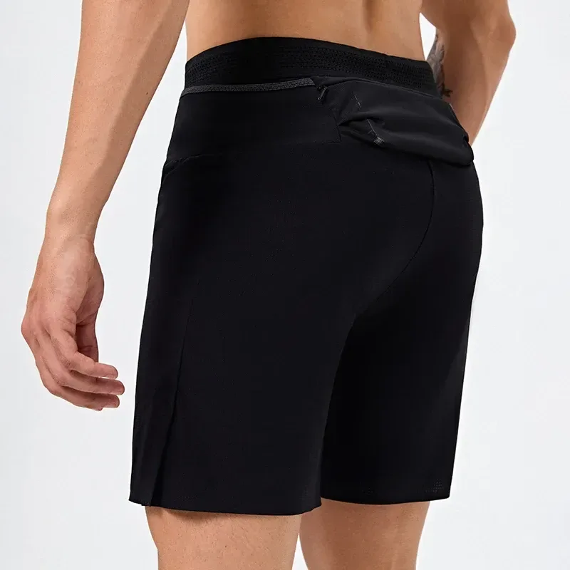 rear view of black running shorts with the wide waistband