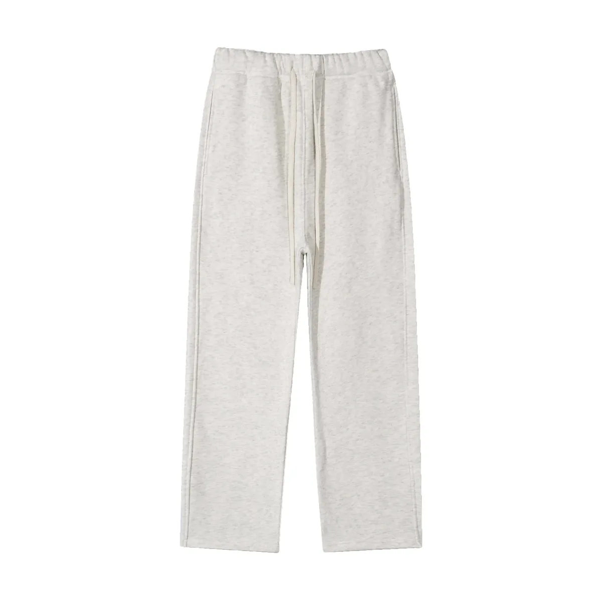 elastic waistband and drawstring on heather grey fleece sweatpants