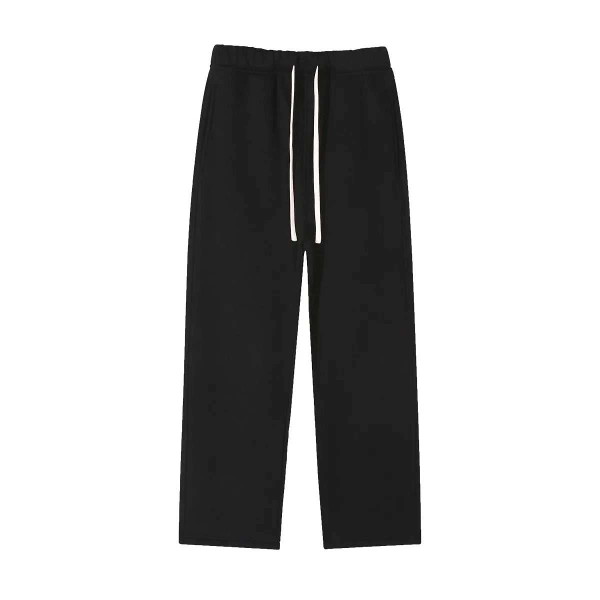 open straight hem of the black fleece sweatpants
