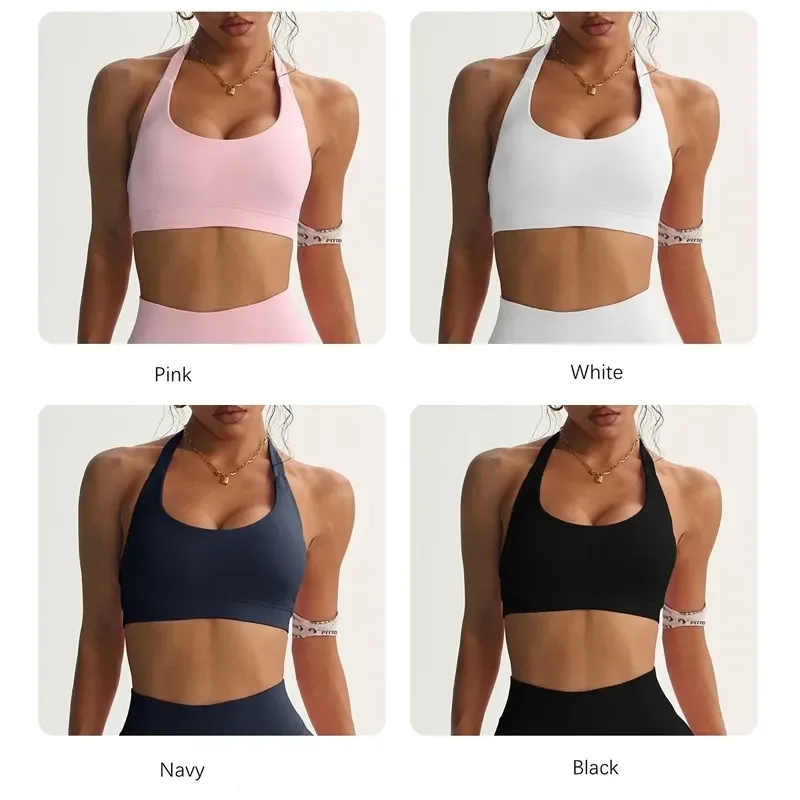 halter sports bra shown in pink, white, navy and black