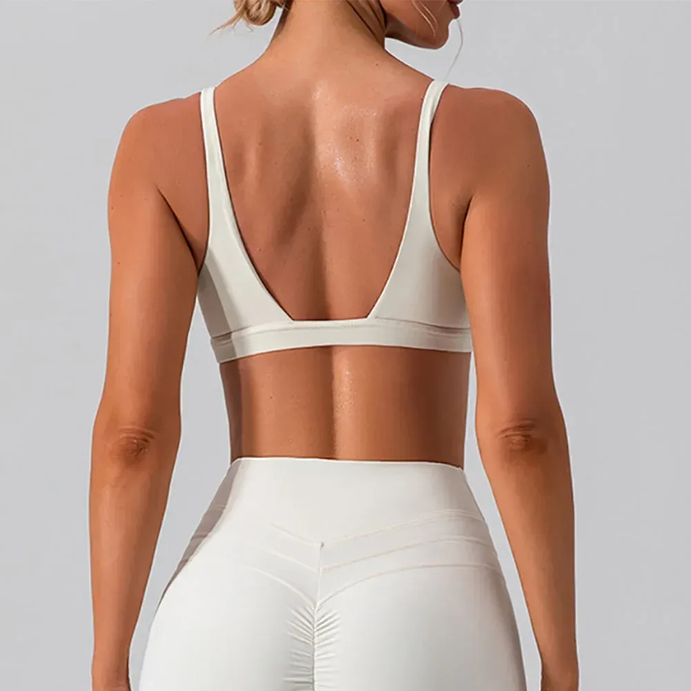 low scoop back of the deep V neck sports bra