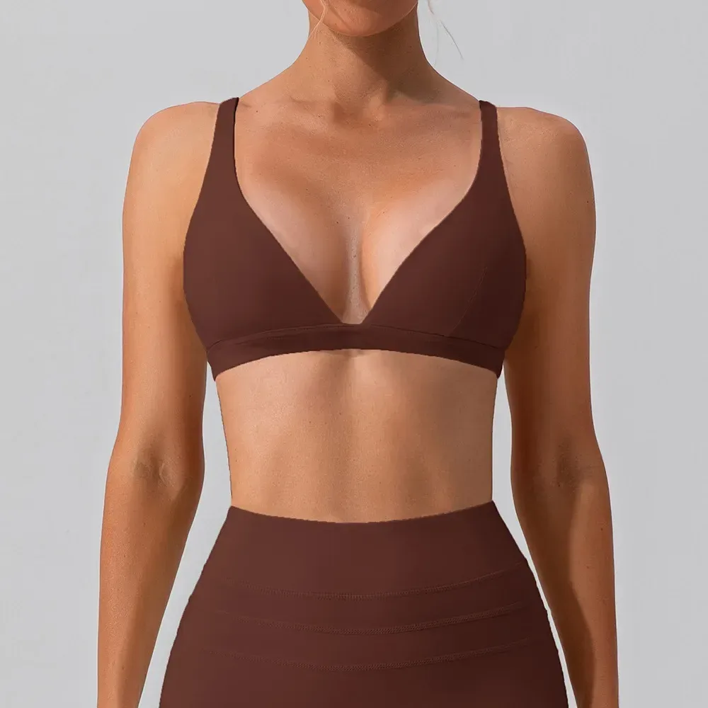 dark brown deep V neck sports bra with matching leggings
