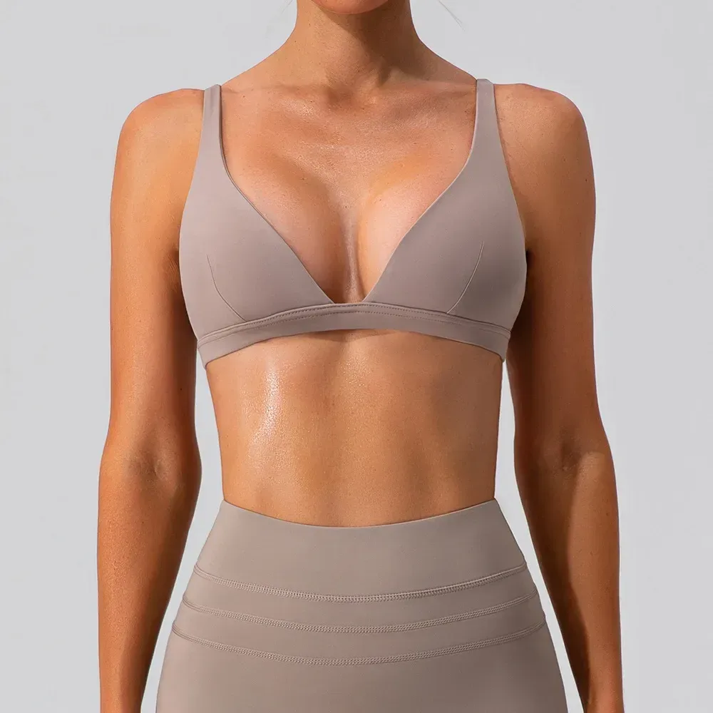 light brown deep V neck sports bra