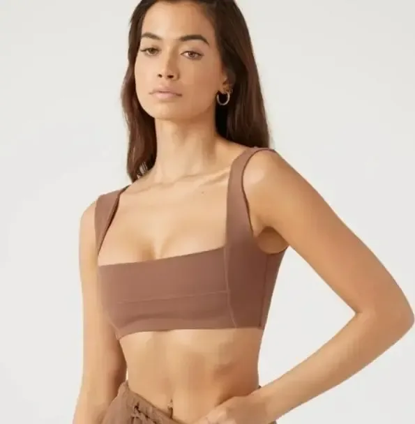 brown square neck sports bra worn with joggers
