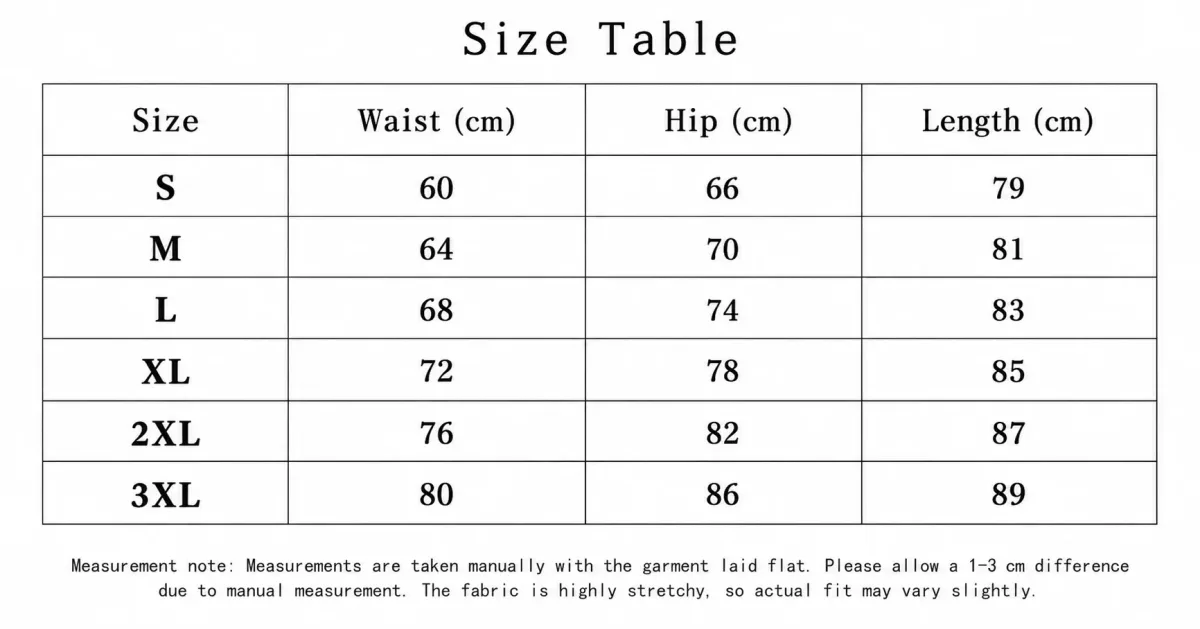 size table for the high waisted lifting leggings with waist, hip and length in cm