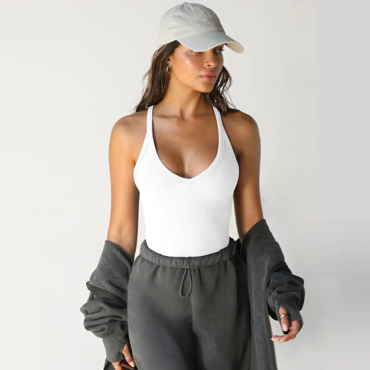 white ribbed V neck racerback tank, slim fit