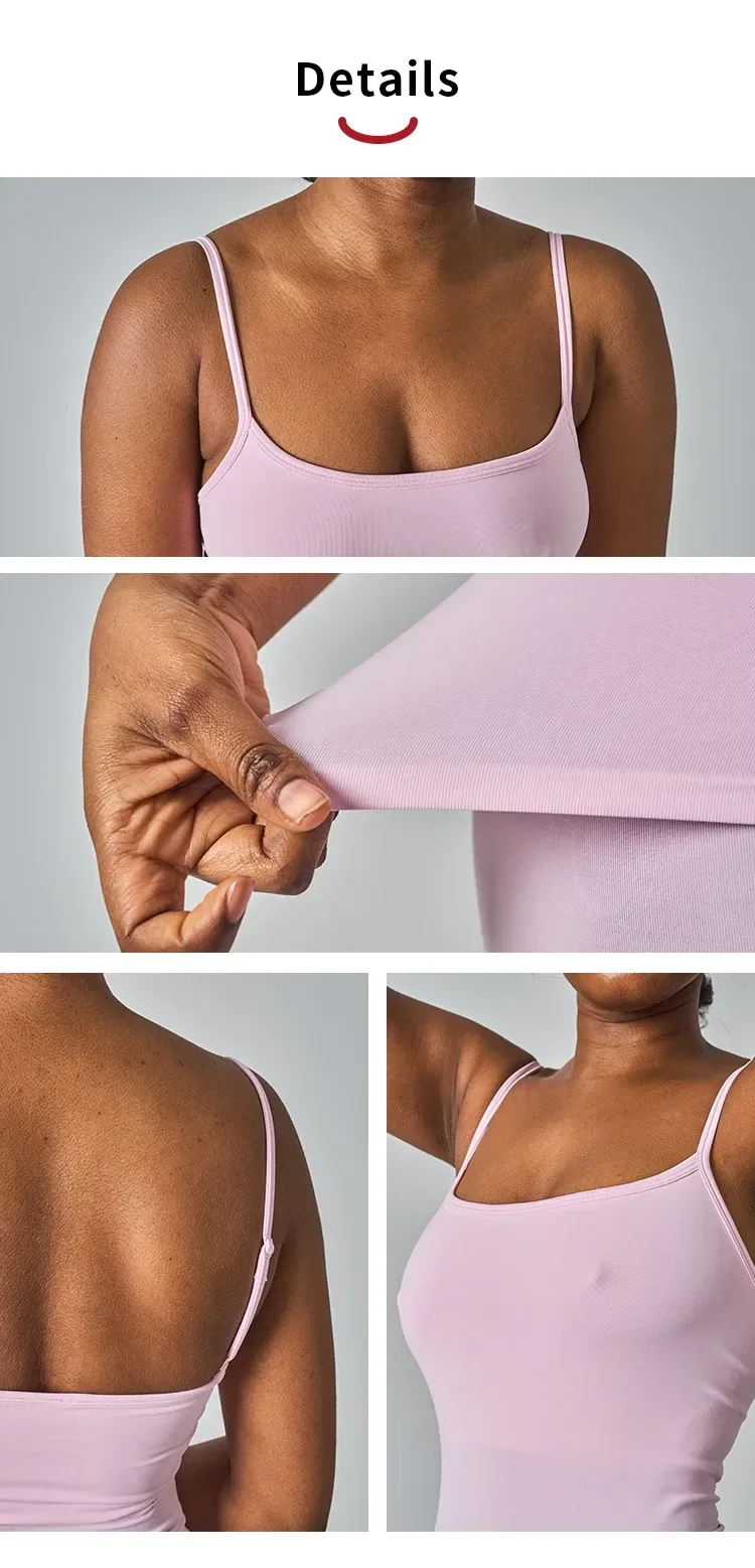 close up details of the square neck, straps and stretch of the seamless tank top