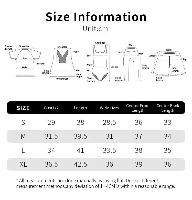 size table for the seamless workout tank top in cm