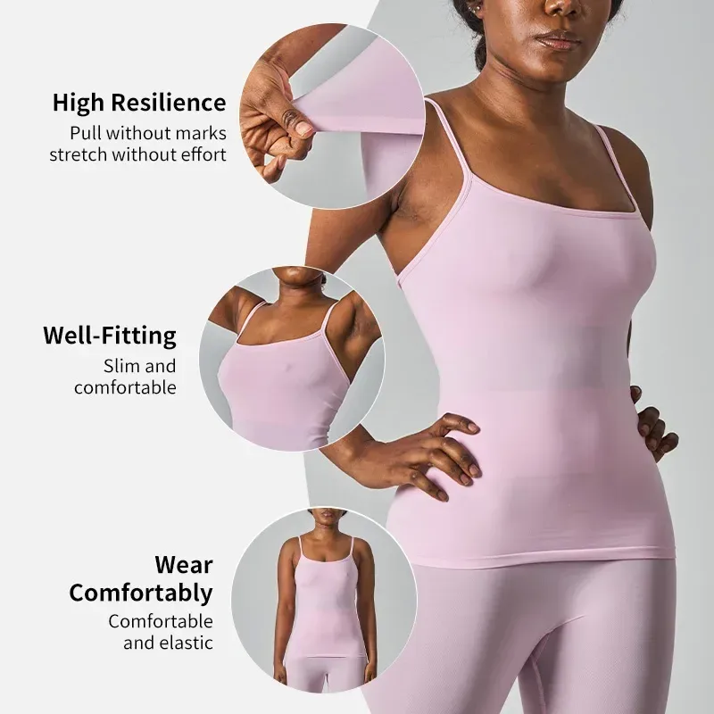 pink seamless workout tank top showing stretch, fit and comfort details