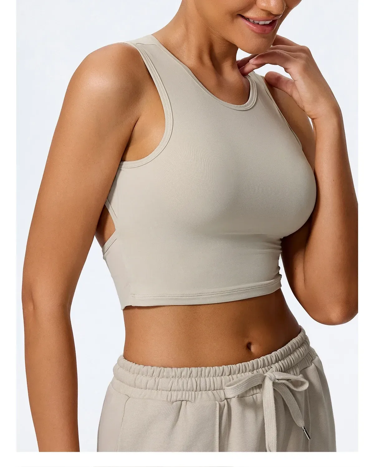 almond crop tank top with crew neck, three quarter view