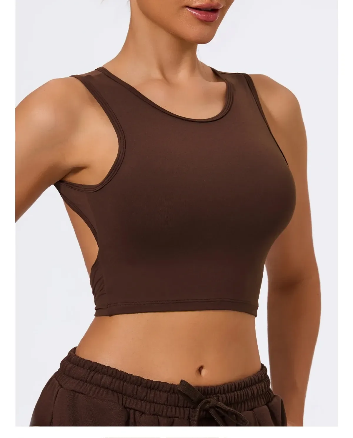 brown open back crop tank top, side view showing the cutout