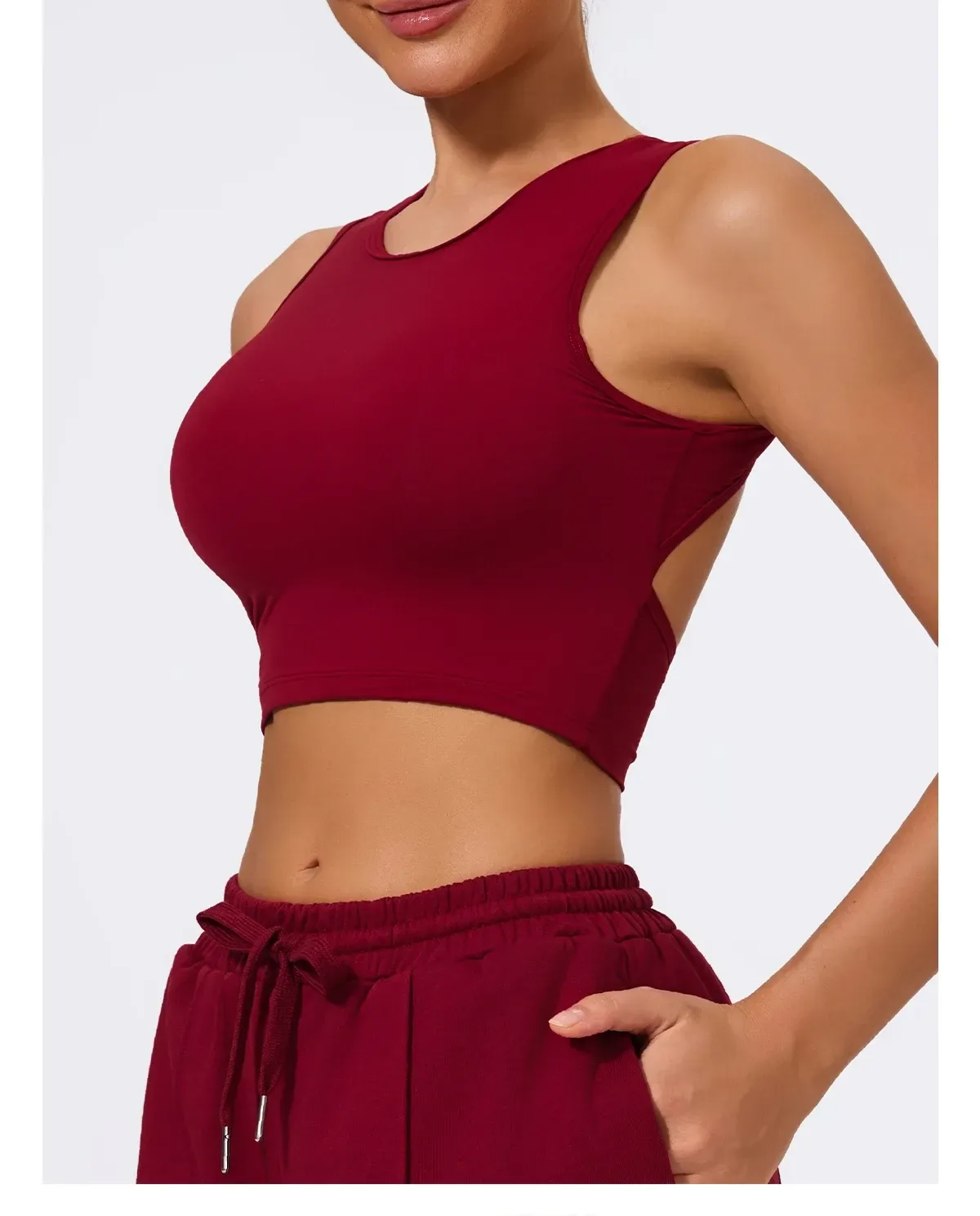 red open back crop tank top, rear three quarter view