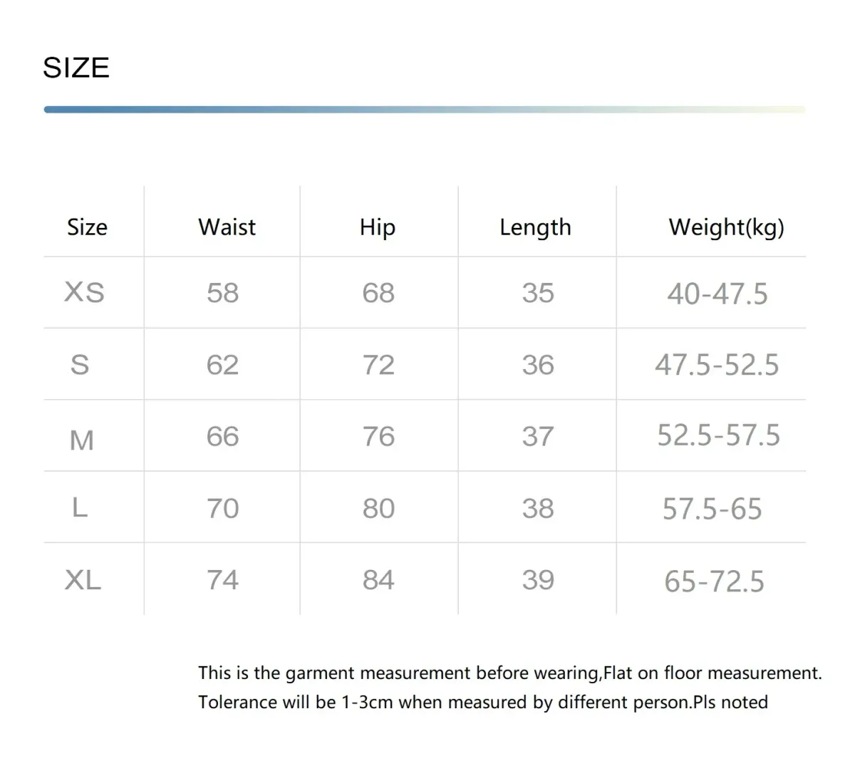 size chart for the ruched skort with waist, hip, length and weight