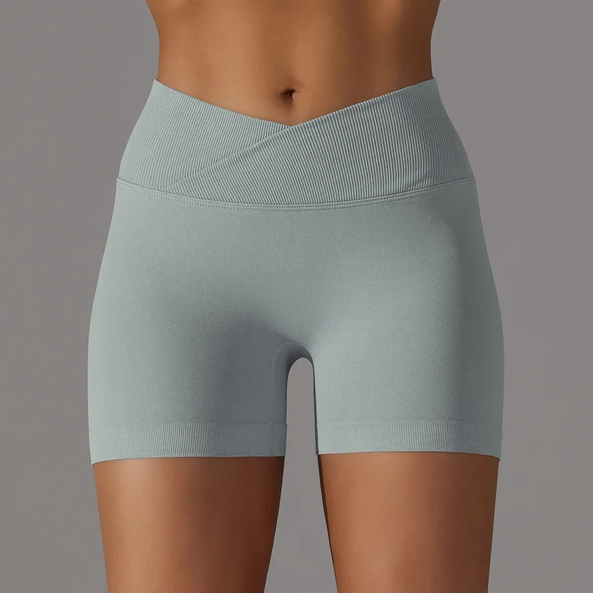 light grey seamless scrunch butt gym shorts, front view