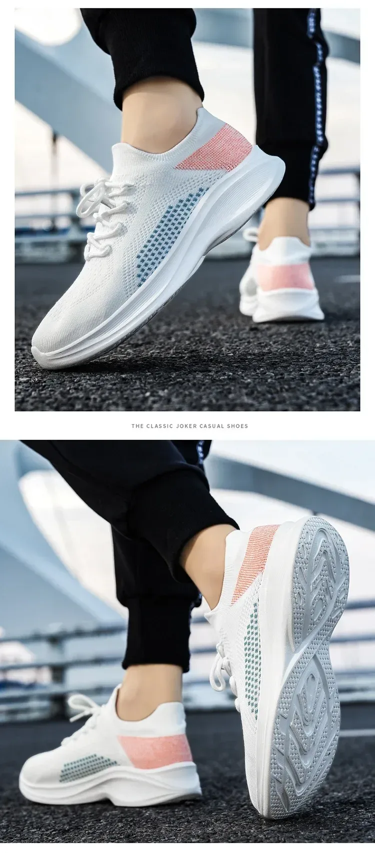 white knit running shoes on foot showing the wave tread