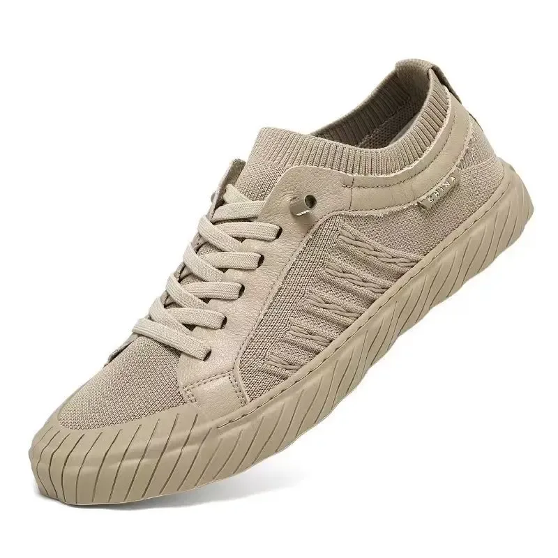 side profile of the beige mesh sneaker showing the ribbed sole