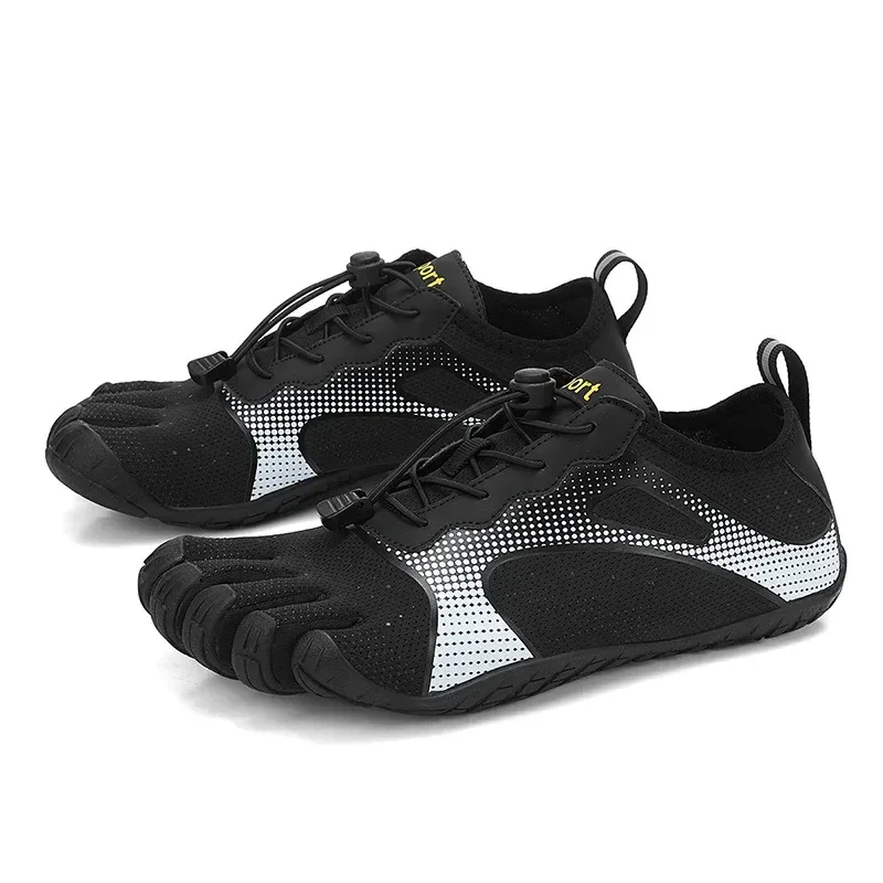 pair of black print barefoot toe shoes