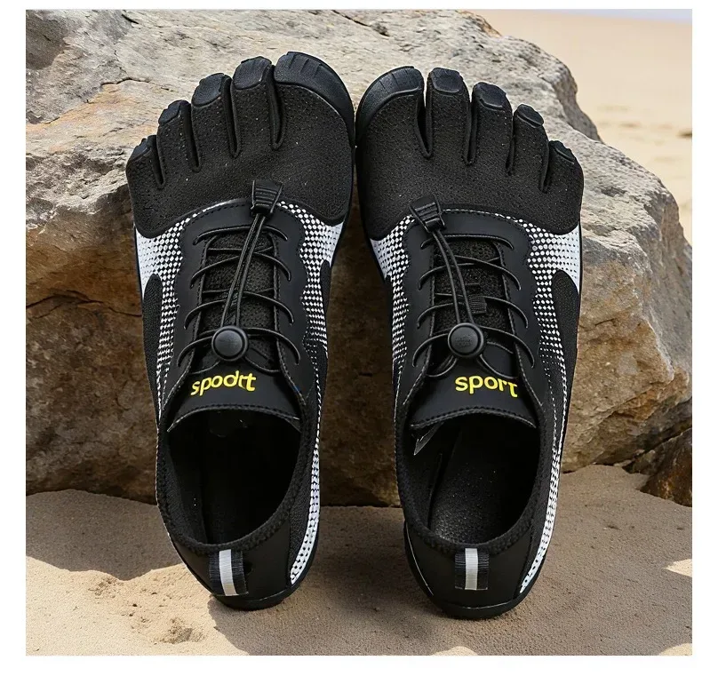 black print barefoot toe shoes from above showing the toggle laces