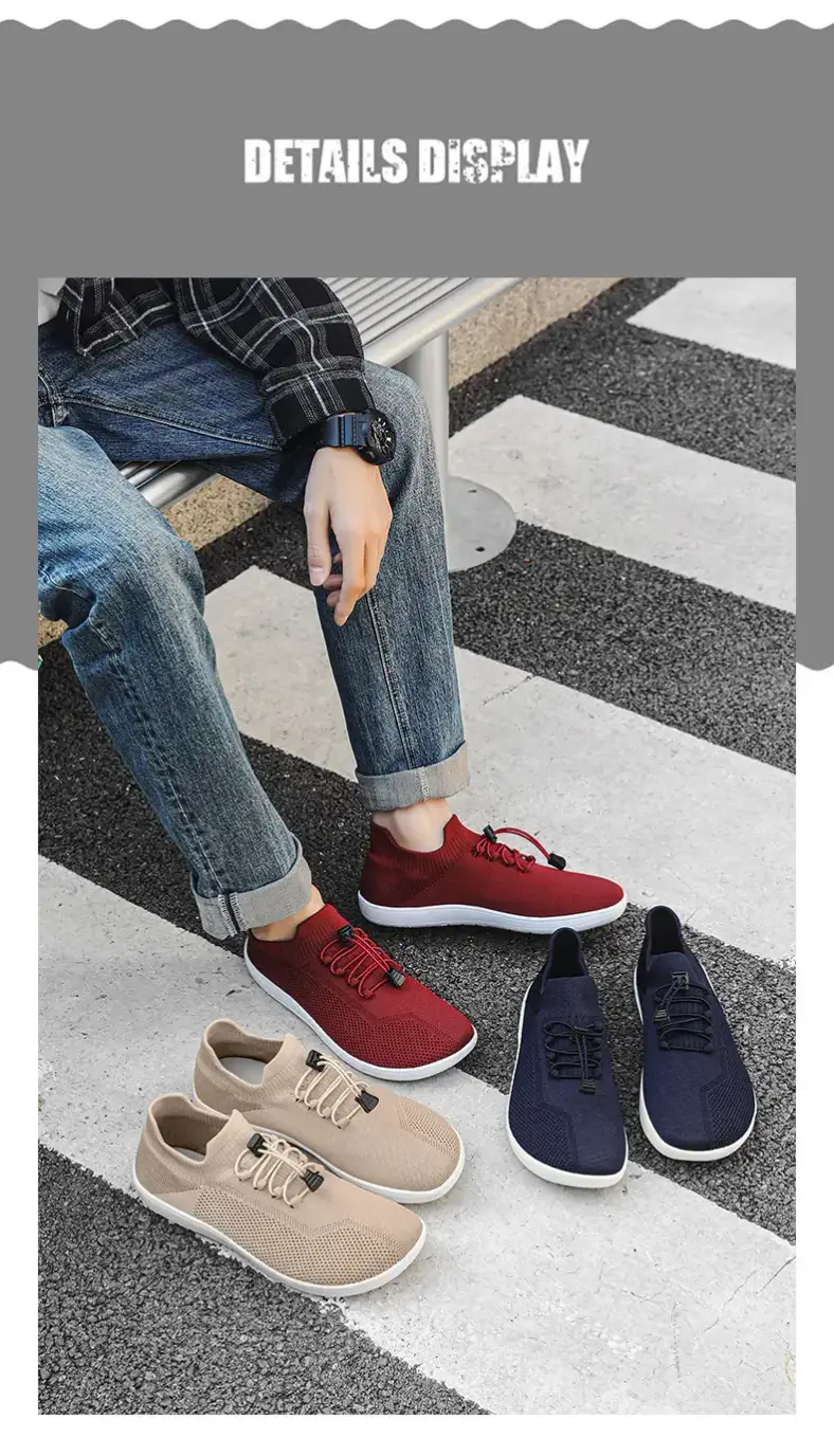barefoot training shoes in several colors on a street crossing