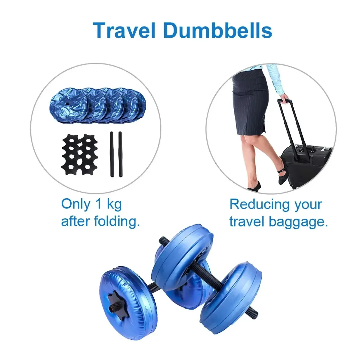 water filled adjustable travel dumbbells fold to about 1 kg for luggage