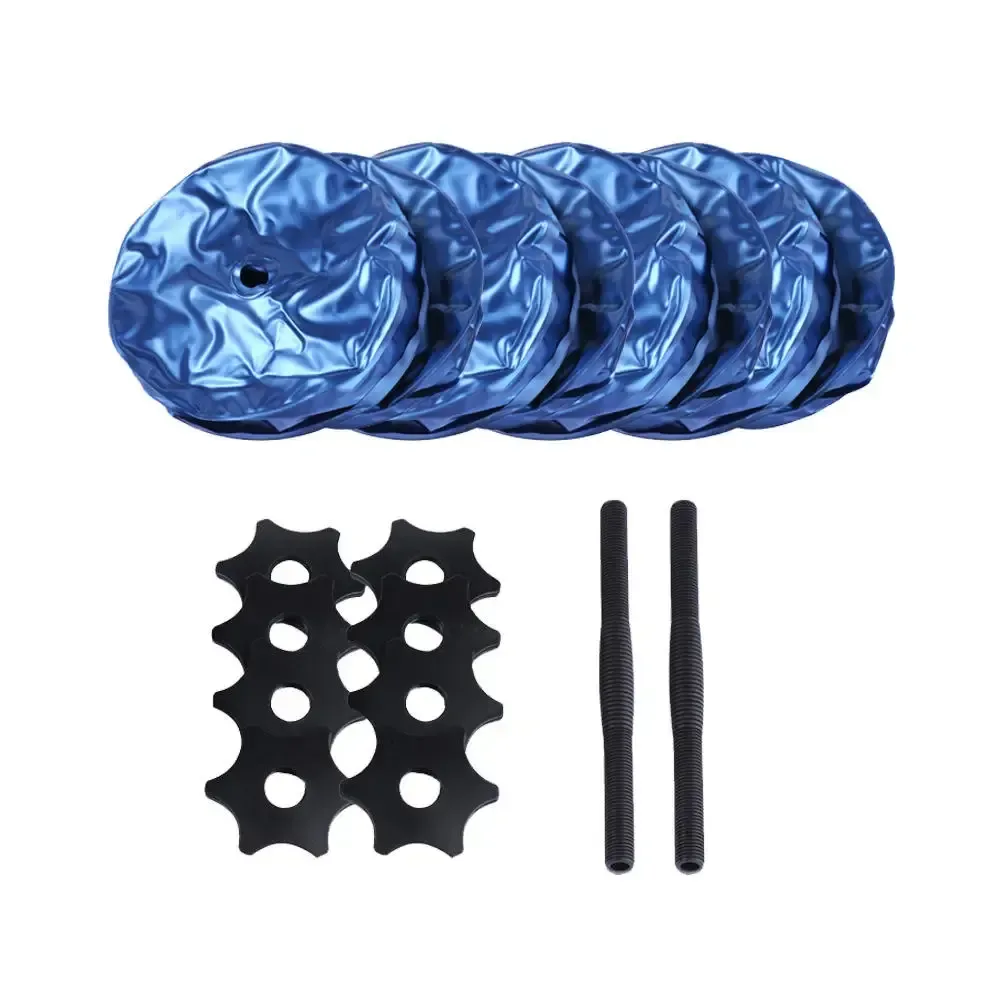 water weight bags, star lock nuts and two threaded handles of the travel dumbbells