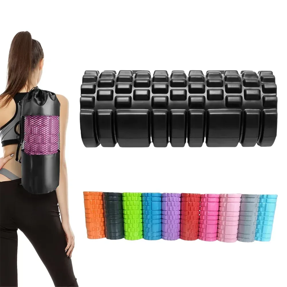 compact textured grid foam roller carried in a sports bag
