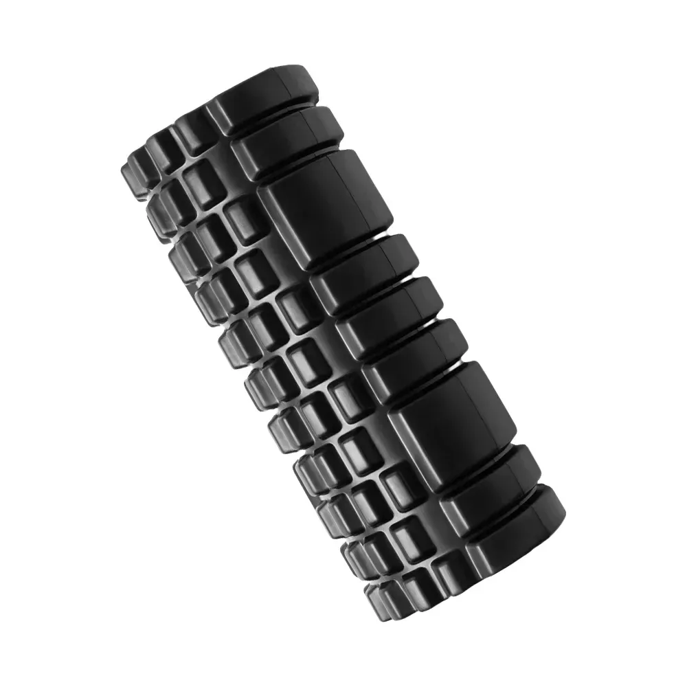 grid surface of the black foam roller with flat, ridged and knobbed zones