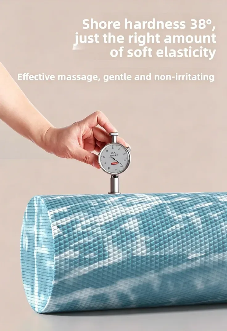 hardness gauge on the solid EVA foam roller showing 38 degree Shore hardness