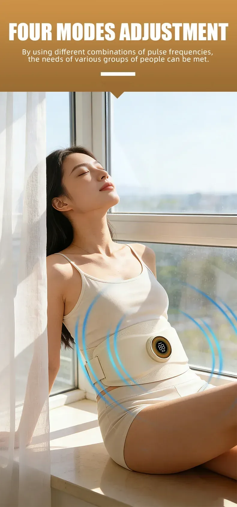 woman relaxing with the heated vibrating waist massage belt, four modes