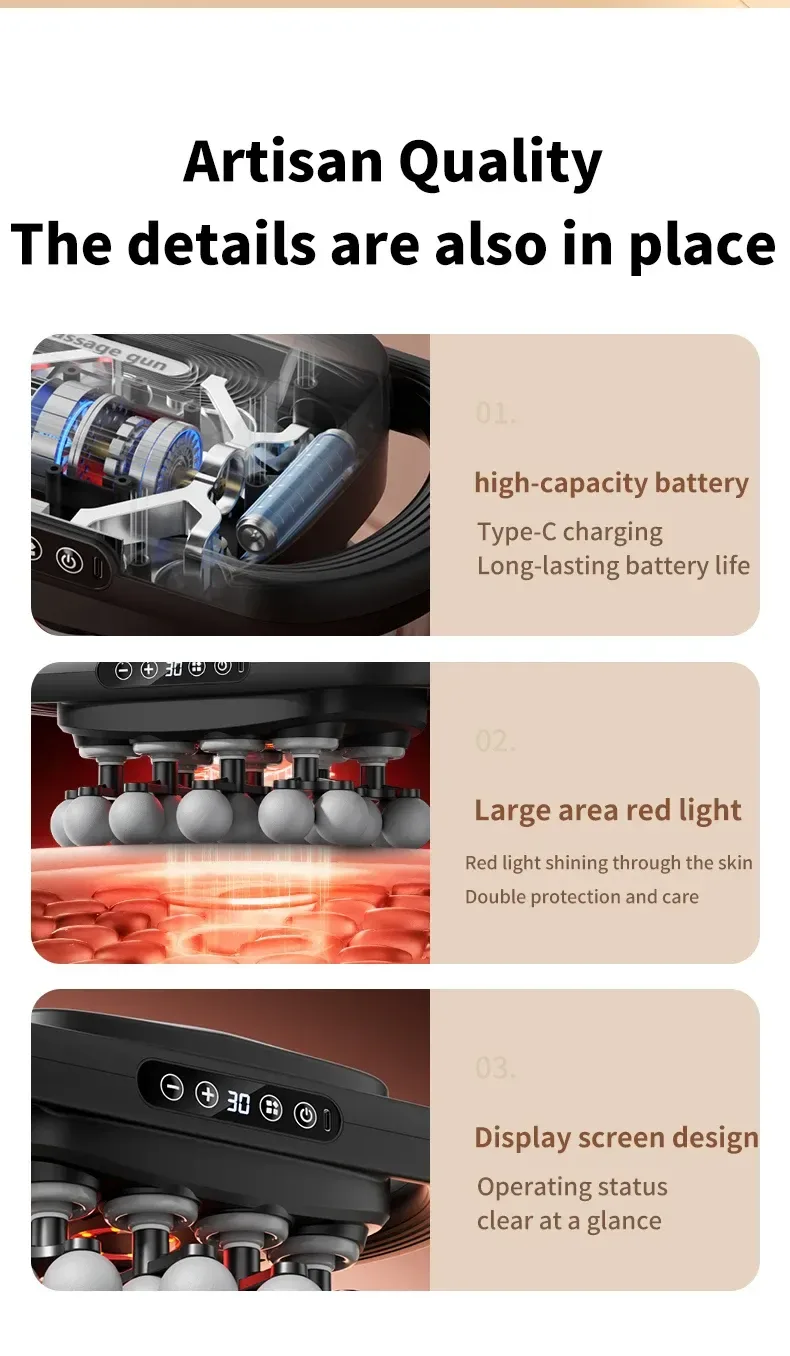 battery and display details of the percussion massager